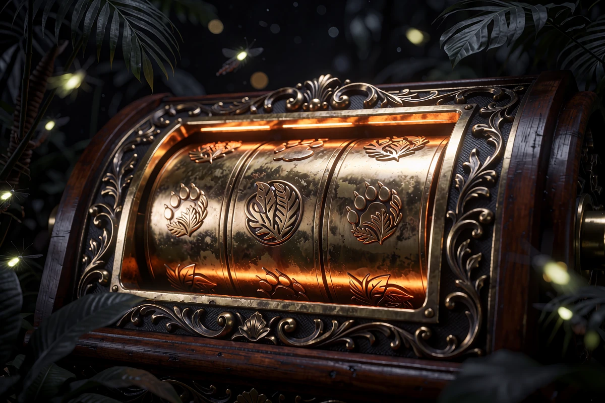 Tre polerede gyldne hjultromler i antik messing og m&oslash;rkt tr&aelig; - symbol p&aring; online slots hos Wild Chance Casino