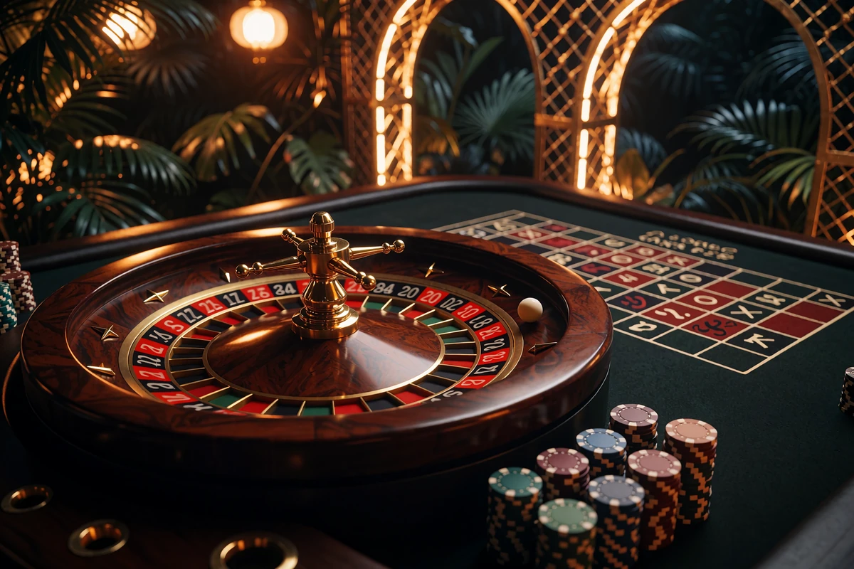 Poleret roulettehjul med hvid kugle p&aring; gr&oslash;nt filtbord mellem gyldne buer - live casino hos Wild Chance Casino