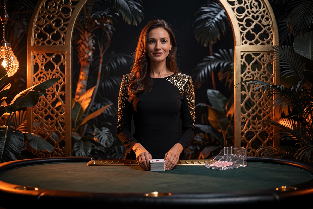 Live-dealer ved et gr&oslash;nt kortbord mellem gyldne buer i Wild Chance Casinos live casino